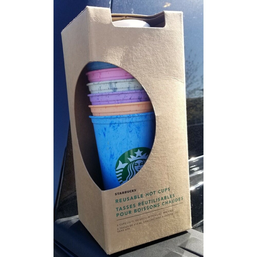 Starbucks Reusable Hot Cups Marbled Lot x 6 Summer 2019 Lids 16oz Multi Color